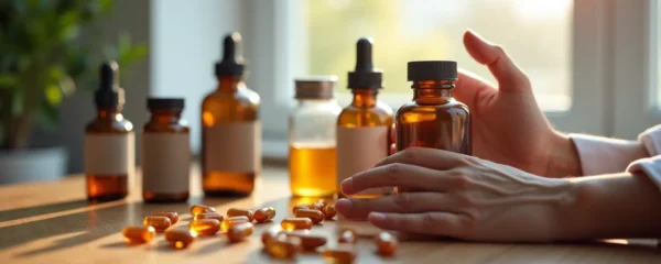 Professional sleep consultation scene with supplement bottles arranged on a modern wooden surface under warm natural lighting