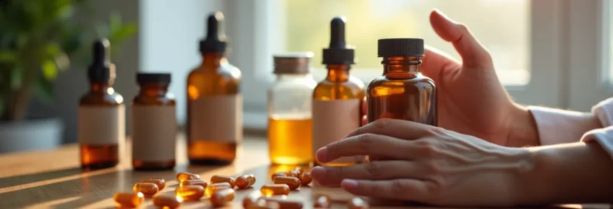 Professional sleep consultation scene with supplement bottles arranged on a modern wooden surface under warm natural lighting
