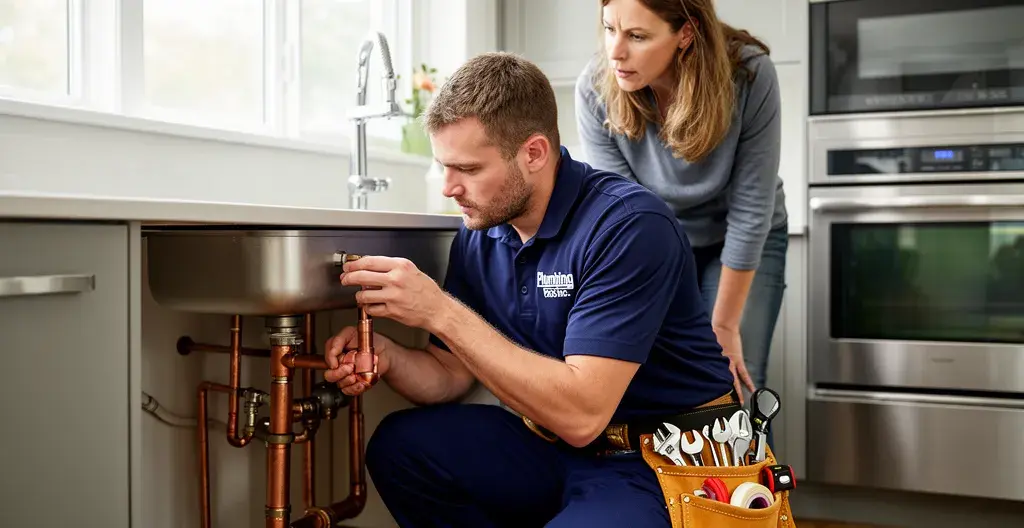 Professional plumber inspecting kitchen pipes while homeowner watches