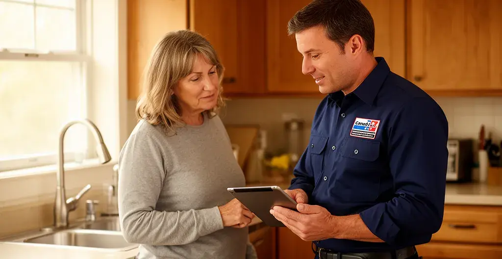 Plumber showing service estimate on tablet to homeowner in kitchen