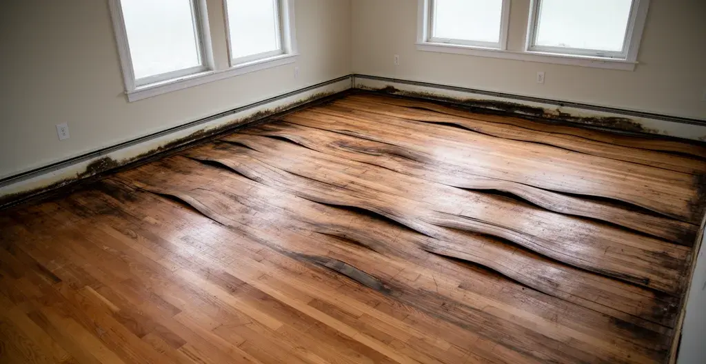 Water-damaged hardwood flooring showing warping near baseboard