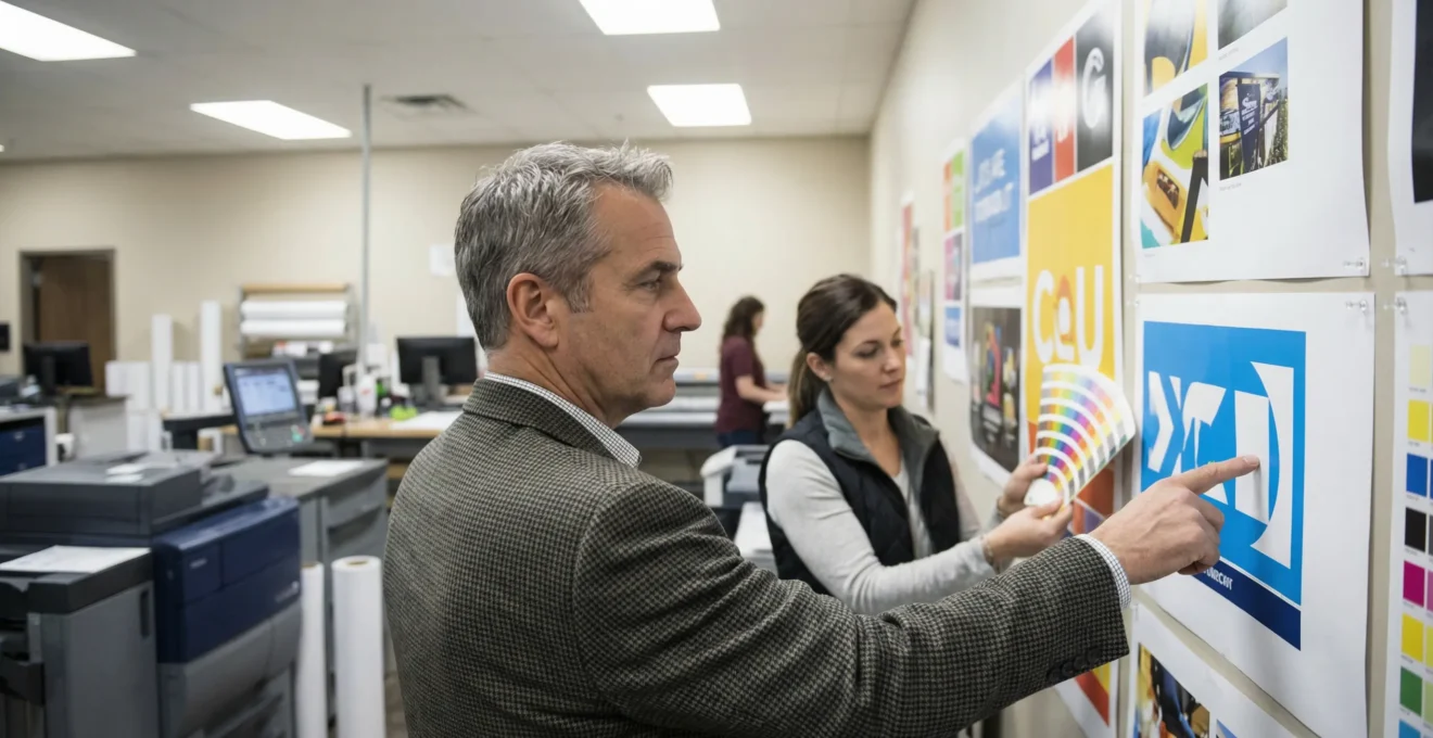 Business professional reviewing commercial sign design options in Calgary workshop