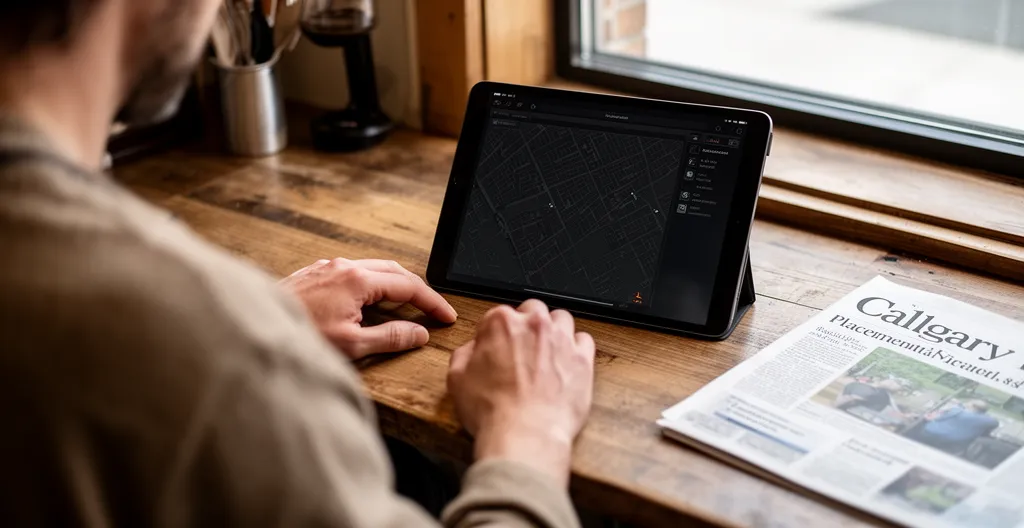Small business owner reviewing Calgary sign placement options at desk