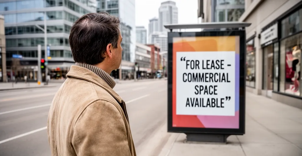 Person checking outdoor advertising sign readability from Calgary sidewalk distance