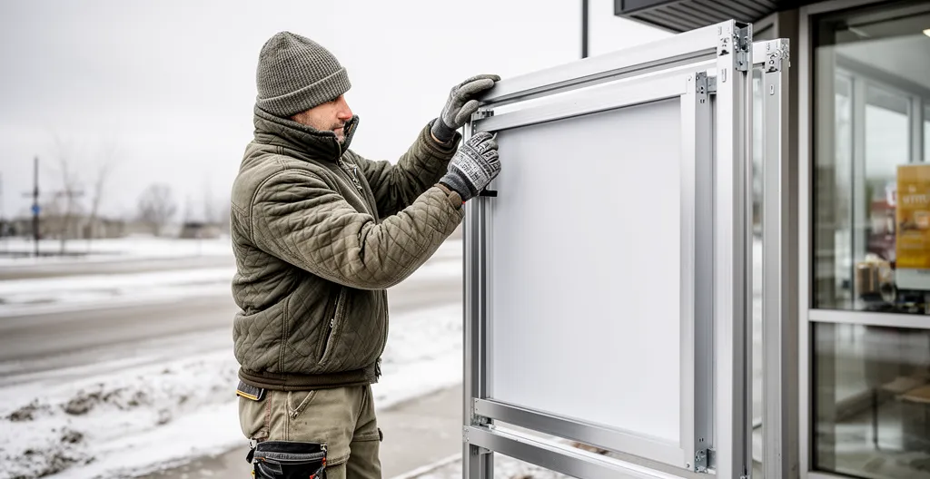 Technician adjusting temporary outdoor sign frame on private property Calgary
