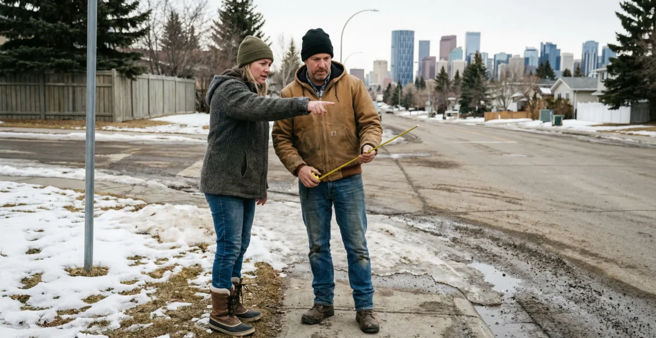 Two adults evaluating sign placement visibility on Calgary street corner