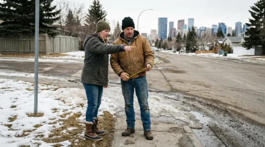 Two adults evaluating sign placement visibility on Calgary street corner