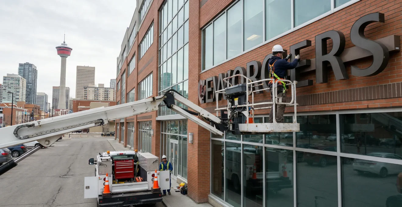 Sign installation technician adjusting commercial signage on Calgary storefront