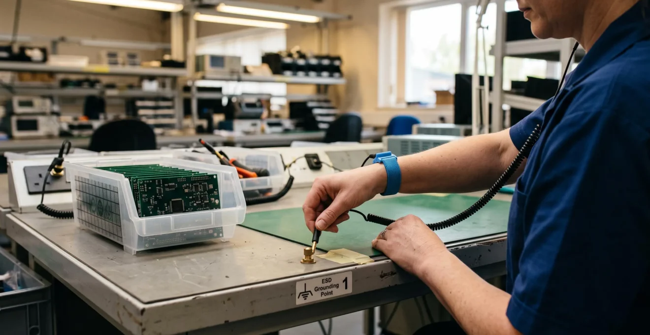 An engineer attaches a wrist strap cord to a grounding point.