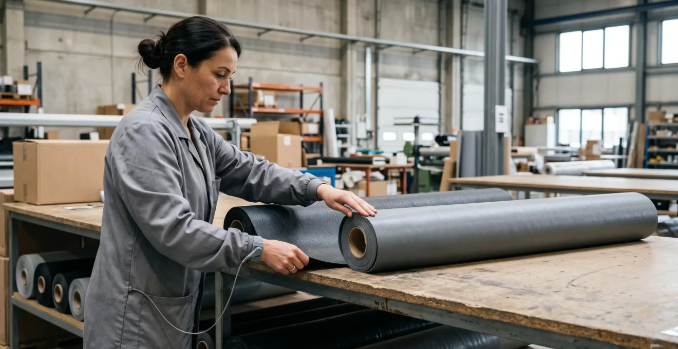 An inspector unrolls two flooring material samples on a workbench.