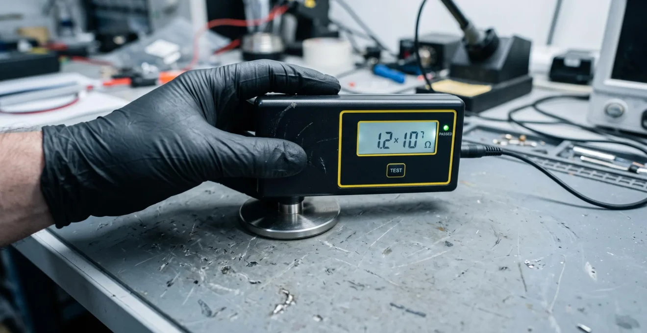 A surface resistance tester measures a grey mat in a workshop.