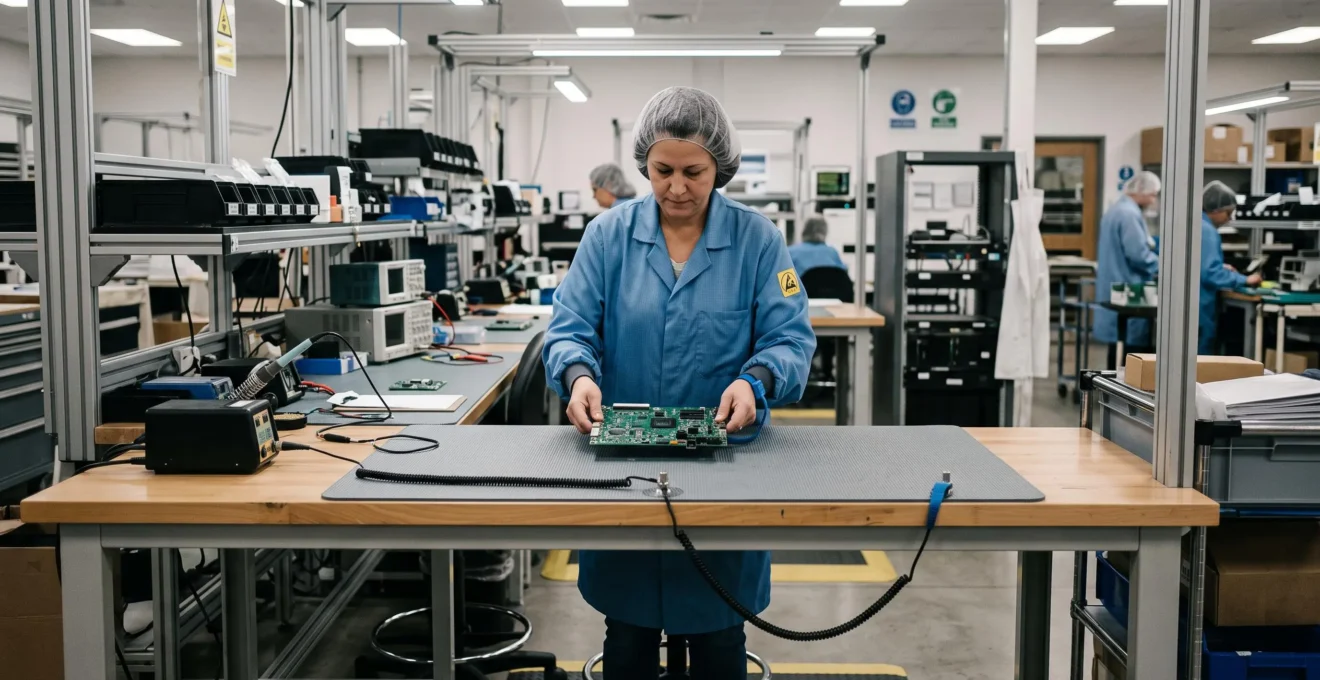 A technician handles a circuit board on a static dissipative mat in an EPA.