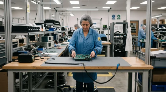 A technician handles a circuit board on a static dissipative mat in an EPA.